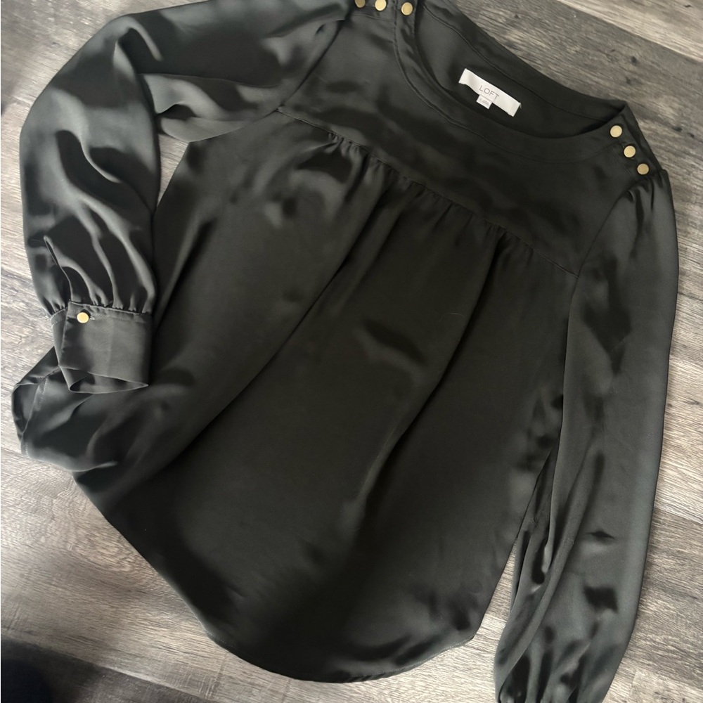 LOFT Black Satin Blouse with Gold Accents